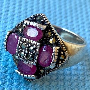 Ruby Marcasite sterling silver ring s 9